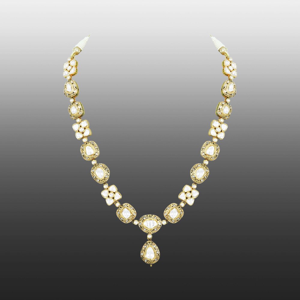 Polki Necklace with Teardrop Pendant in Partash work